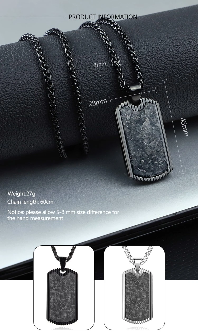 Carbon Texture Black Rectangular Pendant Necklace size detail Carbon Texture Black Rectangular Pendant Necklace size detail